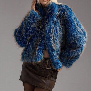 Blue Casual Women's Minimalist Faux Fur Stand Collar Coat